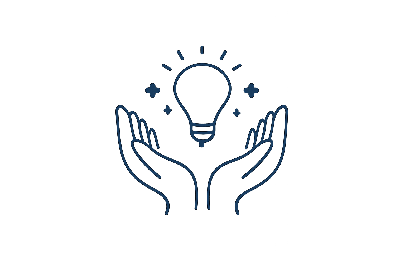 Minimalistische Liniengrafik von zwei offenen Händen, die eine leuchtende Glühbirne halten. Symbolisiert, wie KI-Assistenten wie Kontexts Routinetätigkeiten übernehmen und Teams Freiraum für wertschöpfende Aufgaben schaffen.