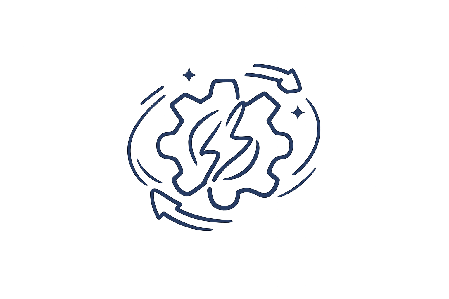Stilisierte Liniengrafik eines Zahnrads mit Blitzsymbol in der Mitte, umgeben von Pfeilen und funkelnden Sternen. Symbolisiert beschleunigte Abläufe und optimierte Prozesse für mehr Effizienz in allen Unternehmensbereichen.