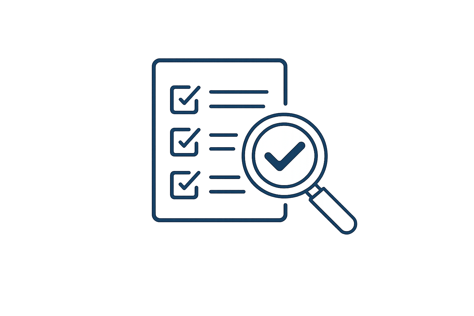 Symbolgrafik einer Checkliste mit Häkchen und einer Lupe, die ein weiteres Häkchen vergrößert. Steht für überprüfte, DSGVO-konforme Lösungen aus Europa, die Datenschutz und rechtliche Sicherheit gewährleisten.