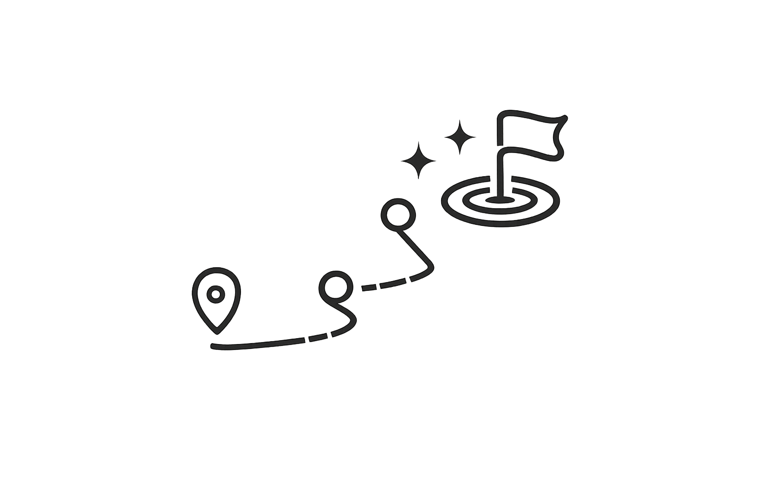 Symbolgrafik einer gestrichelten Route mit mehreren Stationen, die zu einer Zielflagge führt. Veranschaulicht eine klare Roadmap und Planungssicherheit als Teil einer zukunftssicheren Investition mit transparenter Kostenstruktur.