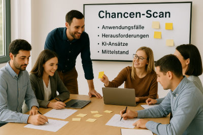Bild eines Workshops im Rahmen der Sweat & Glory KI-Initiative 2025 zum Chancen-Scan - Creative Search von KI-Anwendungsfällen im Mittelstand