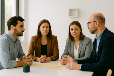 Besprechungsszene in einem mittelständischen Unternehmen zur Diskussion der Hürden einer KI-Einführung und wie diese aus dem Weg geräumt werden können. 