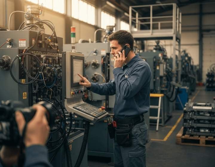 Mitarbeiter in einer Produktionshalle bedient eine industrielle Maschine und spricht gleichzeitig am Telefon. Veranschaulicht ein KI-Praxisbeispiel, bei dem KI-basierte Experten-Avatare genutzt werden, um generationsübergreifendes Erfahrungswissen in der Industrie dauerhaft zu sichern und zugänglich zu machen.