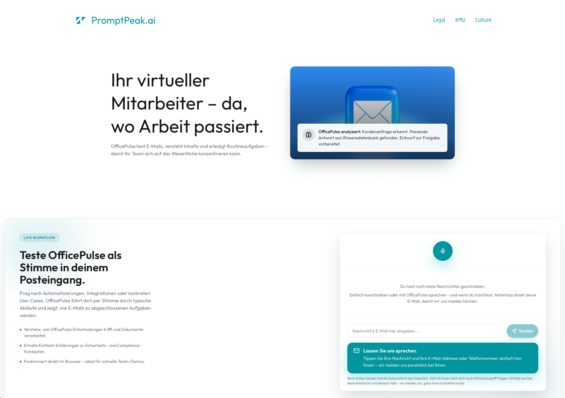 Screenshot der Website von PromptPeak.ai mit dem Slogan „Ihr virtueller Mitarbeiter – da, wo Arbeit passiert“. Rechts daneben ein Symbolbild mit E-Mail-Icon und Hinweis „OfficePulse analysiert: Kundenanfrage erkannt…“, das die Funktion des virtuellen Assistenten im Posteingang visualisiert.