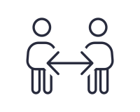 Icon mit zwei Personen und Pfeilen, Symbol für Aufbau langfristiger und vertrauensvoller Beziehungen durch Respekt und Loyalität.